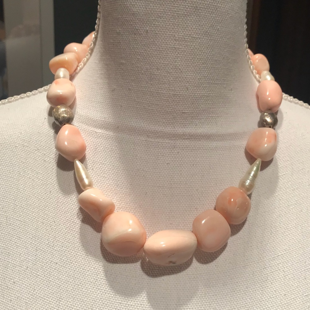 Pink Coral and Pearl Silver Necklace